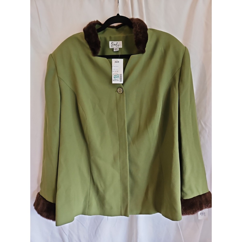 Vintage Emily Women's 26W Olive‎ Green Blazer Jacket Genuine Rabbit Fur Trim NWT